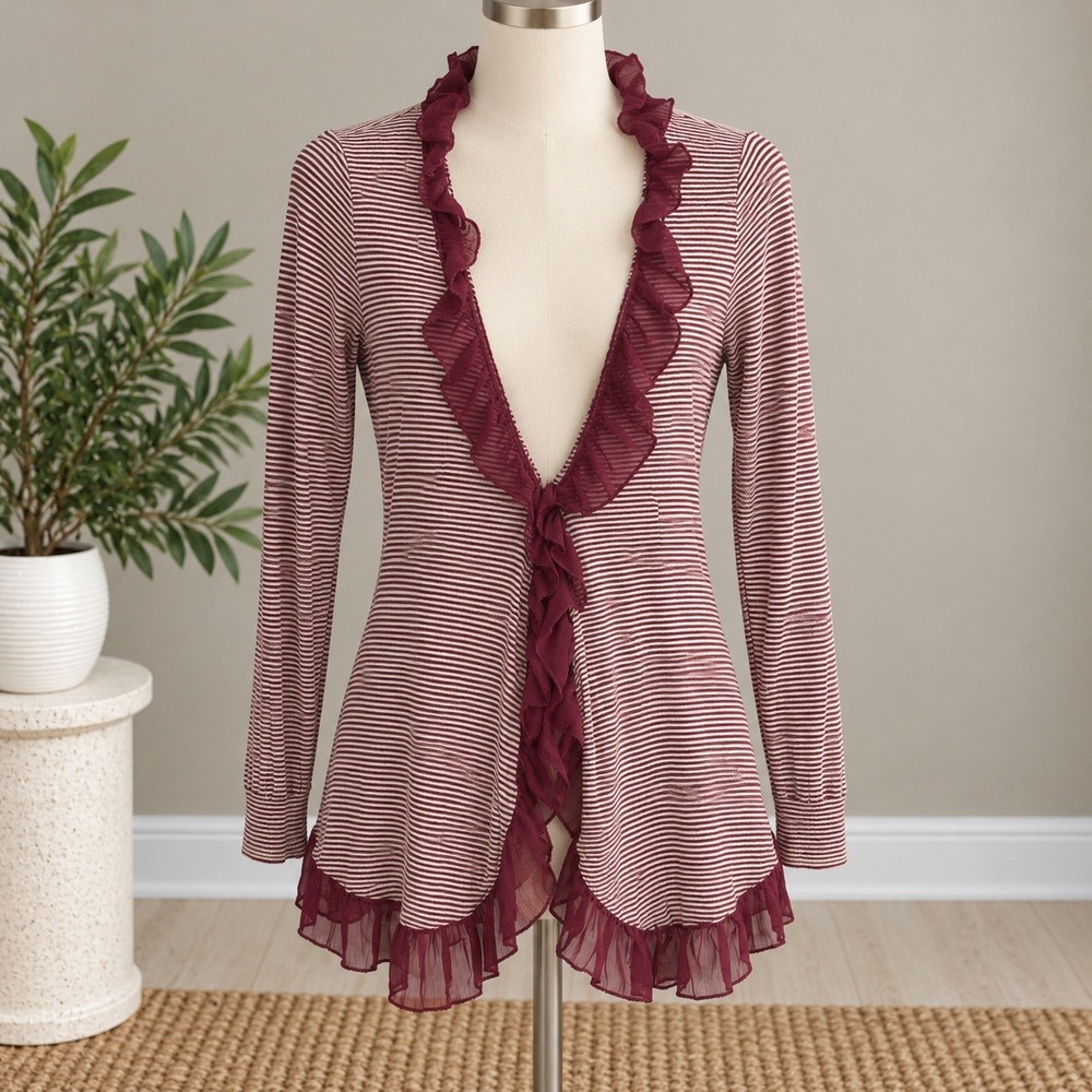 Guinevere Cardigan Burgundy Striped Ruffle Trim Open Front Knit Sweater Sz Small